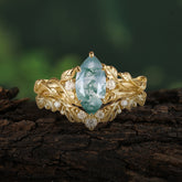 Nature-Inspired 6 Prong Marquise Natural Moss Agate Engagement Ring Set with Vine Motif